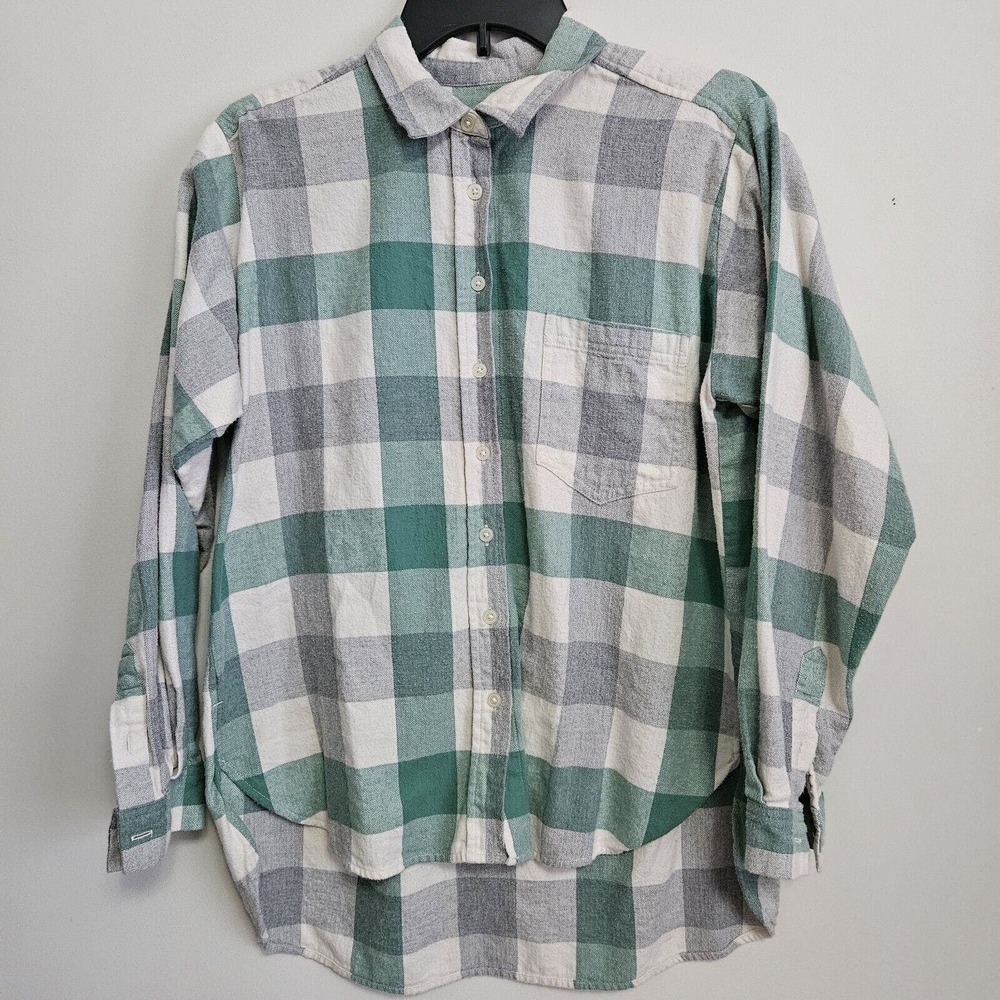 LOFT Sz S Oversized Green Gray Plaid Flannel Button Down Shirt Cotton Hi Low